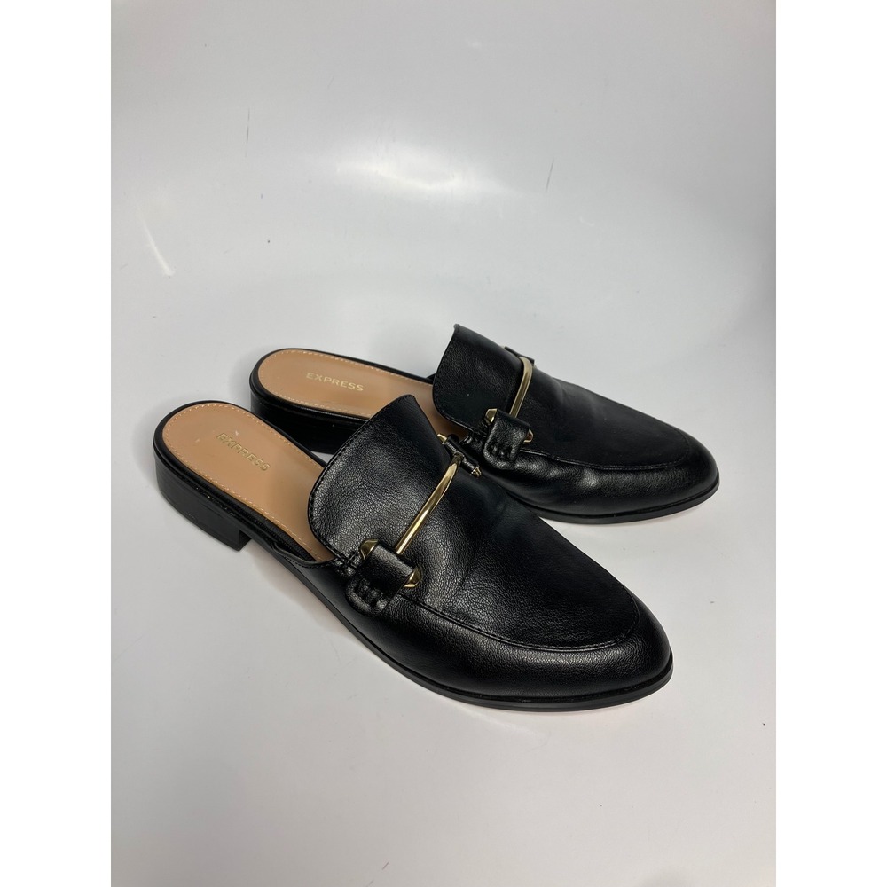 Express Mules Women 7.5 Black Excellent Gold Bar Slip On Pointed Toe Loafers